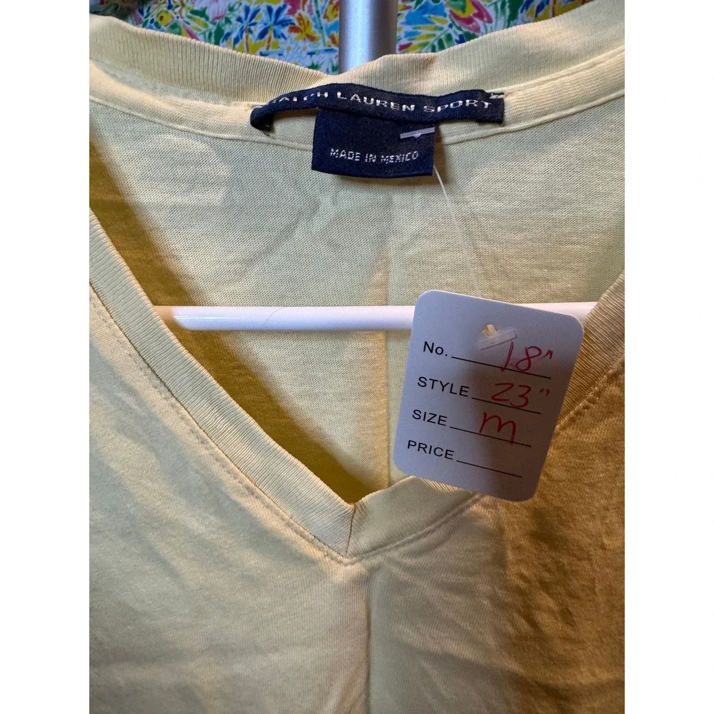 201 Ralph Lauren Sport Womens V-Neck T-Shirt Yellow Cotton Pony Logo Size M